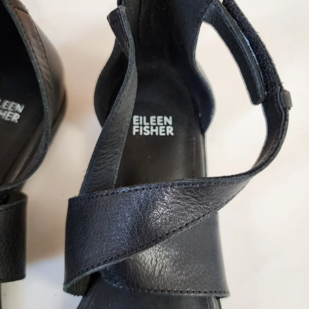 Eileen Fisher Cici Black Strappy leather Open Toe sandal Summer Vacation Casual